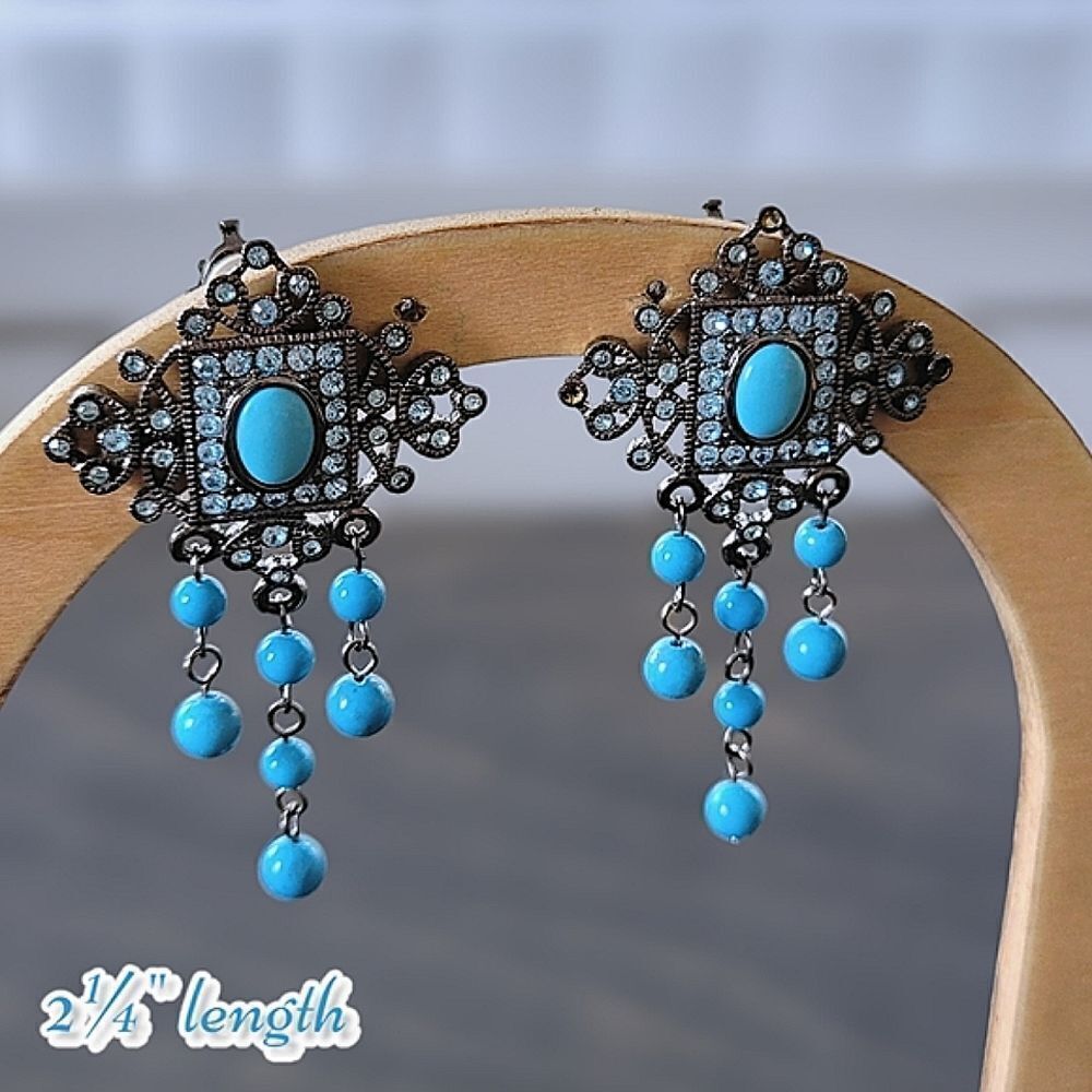 Vtg faux turquoise & rhinestone silver tone clip-on earrings